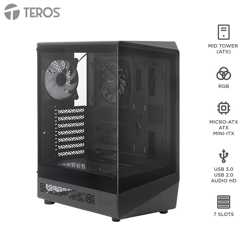 Case Gamer Teros TE-1321G, Mid Tower, USB 3.0 / USB 2.0, Audio, Ventilador RGB, Negro