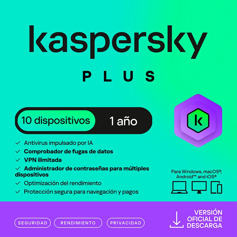 Antivirus Kaspersky Plus, para 10 PCs, Lic 1 año, Producto Virtual.