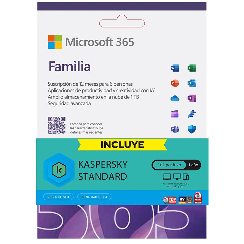 Lic. Virtual (ESD) Kit Microsoft 365 Familia + Kaspersky (Lic de 12 meses/1 a 6 usuarios)