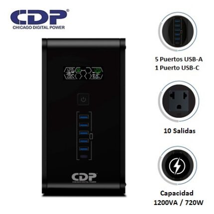 UPS CDP R-SMART 1210I 1200VA / 750W / 10 SALIDAS / 5 PORT USB-A / 1 PORT USB-C BLACK  (R-SMART1210I)