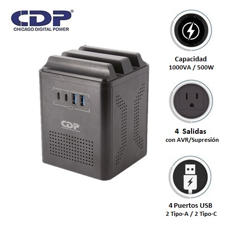 ESTABILIZADOR CDP RUAVR1004I 1000VA/500W 4 SALIDAS/2 USB-A/2 USB-C (RUAVR1004I)